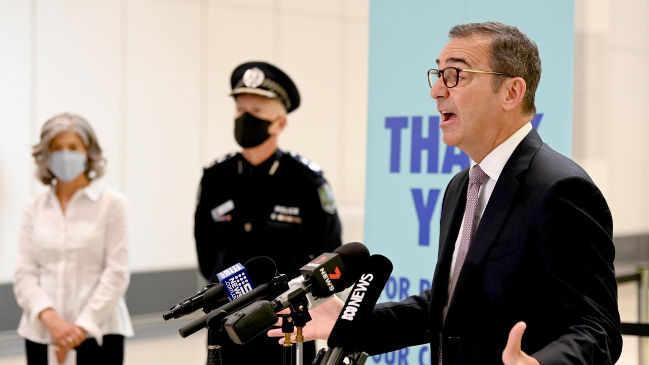 Premier Steven Marshall speaking at a press conference at the Wayville Vaccine hub at the Adelaide Showgrounds, with Chief Public Health Officer Professor Nicola Spurrier and Police Commissioner Grant Stevens. Picture: NCA NewsWire / Naomi Jellicoe