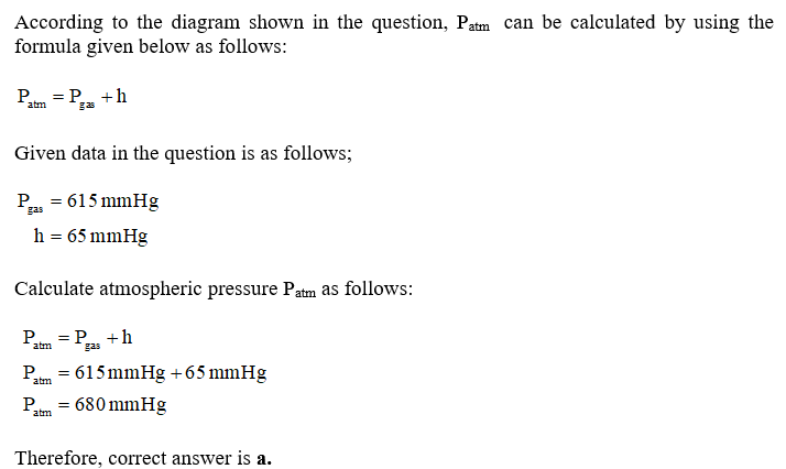 According to the diagram shown in the question, Patm can be calculated by using the formula given below as follows: P P h - a